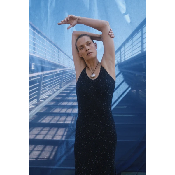 Gabriela Hearst Florian Knit Maxi Slip Dress in Electric Navy Beaded Cashmere Silk, view 2