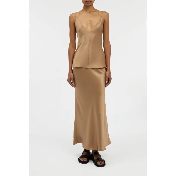 Gabriela Hearst Frei Maxi Skirt in Camel Silk Satin, view 3