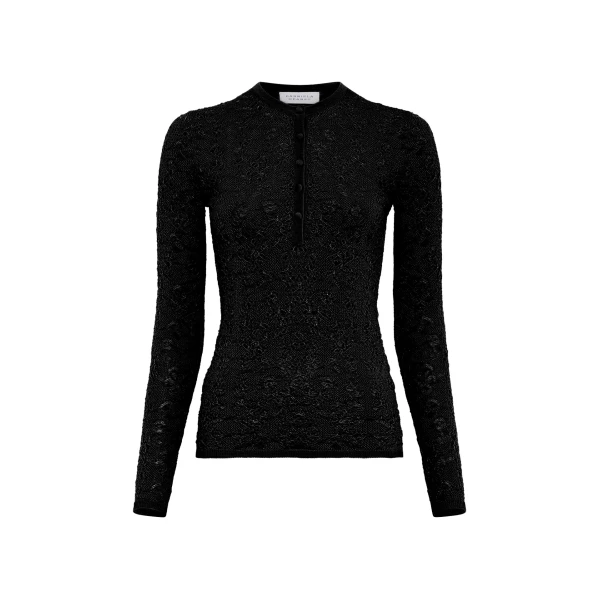Gabriela Hearst Gaviran Lace Knit Henley in Black Merino Wool, view 2
