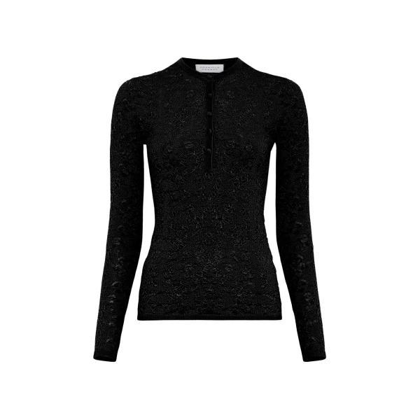 Gabriela Hearst Gaviran Lace Knit Henley in Black Merino Wool