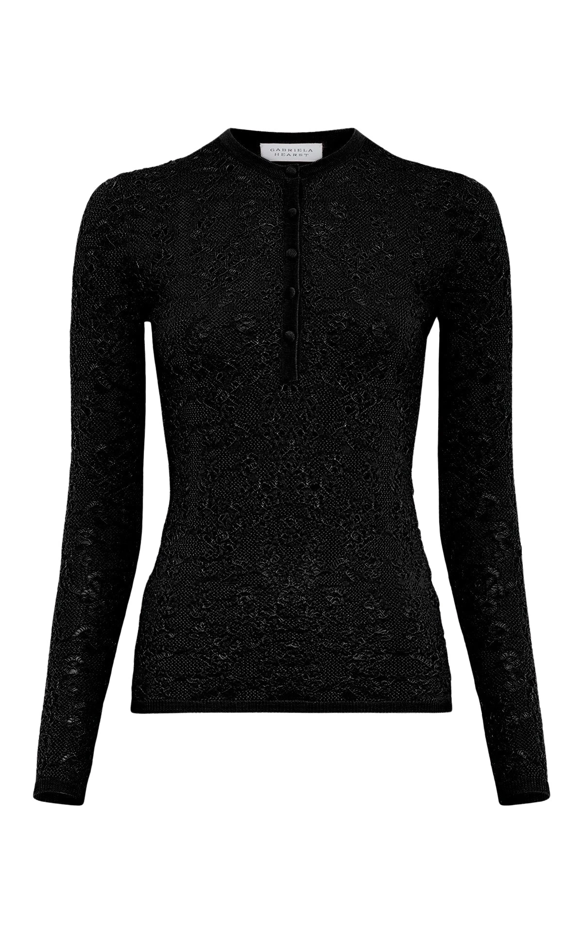 Gabriela Hearst Gaviran Lace Knit Henley in Black Merino Wool