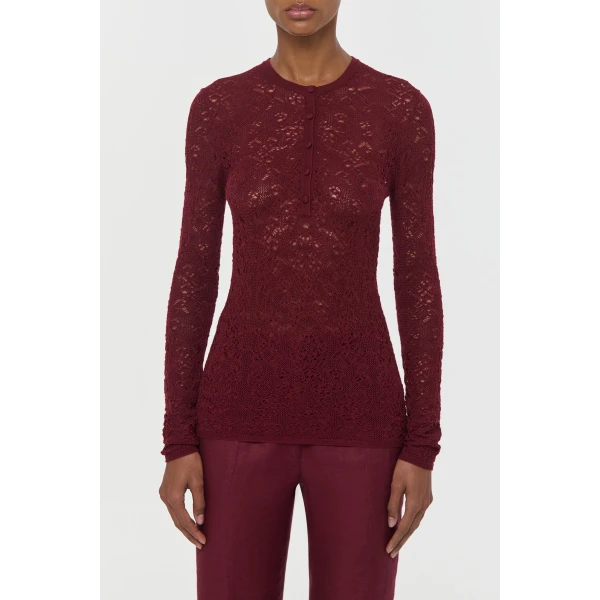 Gabriela Hearst Gaviran Lace Knit Henley in Bordeaux Merino Wool, view 2