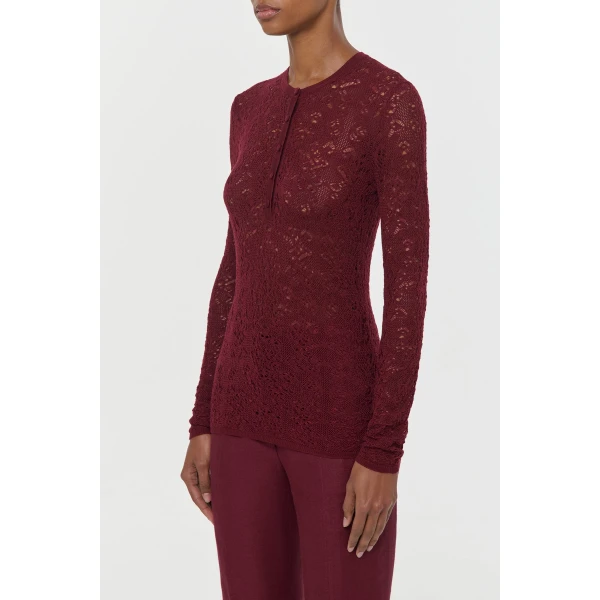 Gabriela Hearst Gaviran Lace Knit Henley in Bordeaux Merino Wool, view 3