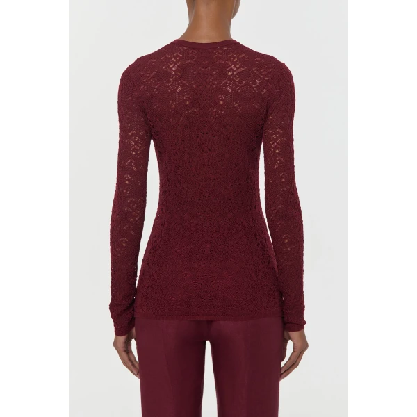 Gabriela Hearst Gaviran Lace Knit Henley in Bordeaux Merino Wool, view 4