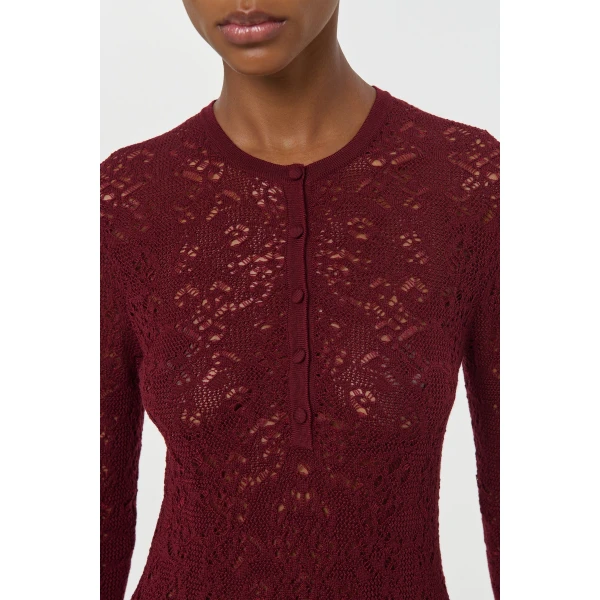 Gabriela Hearst Gaviran Lace Knit Henley in Bordeaux Merino Wool, view 5