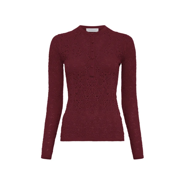 Gabriela Hearst Gaviran Lace Knit Henley in Bordeaux Merino Wool, view 6