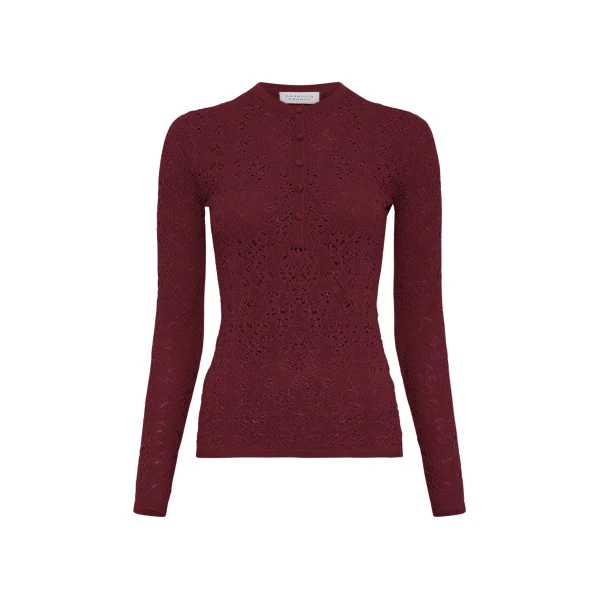 Gabriela Hearst Gaviran Lace Knit Henley in Bordeaux Merino Wool