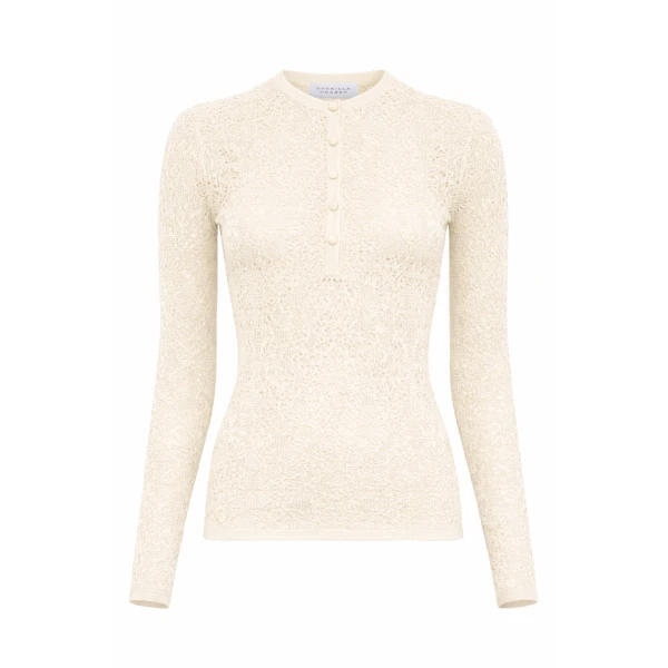 Gabriela Hearst Gaviran Lace Knit Henley in Off White Merino Wool, view 2