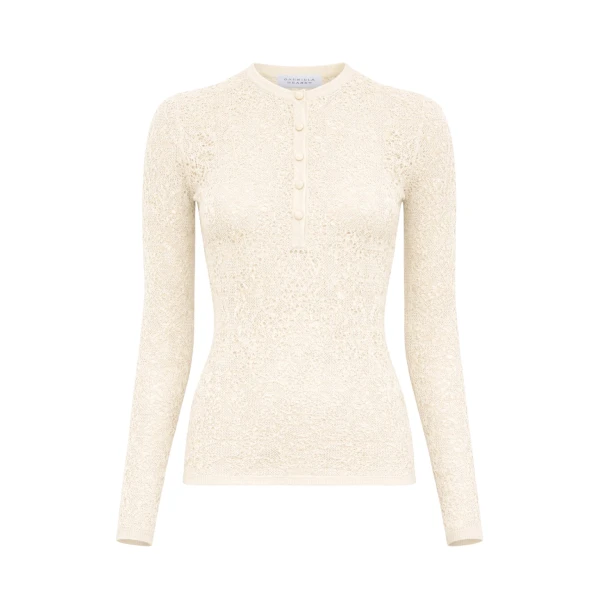 Gabriela Hearst Gaviran Lace Knit Henley in Off White Merino Wool