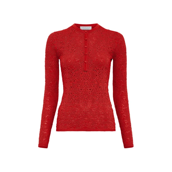 Gabriela Hearst Gaviran Lace Knit Henley in Tonic Orange Merino Wool, view 2