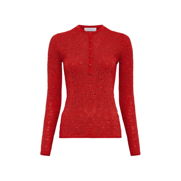 Gabriela Hearst Gaviran Lace Knit Henley in Tonic Orange Merino Wool