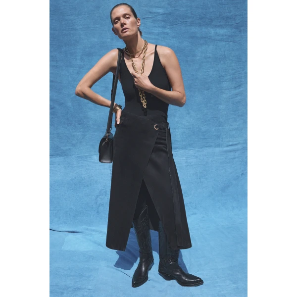 Gabriela Hearst Idalia Wrap Midi Skirt in Black Suede, view 2