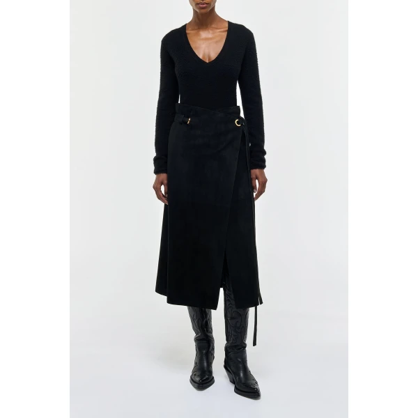Gabriela Hearst Idalia Wrap Midi Skirt in Black Suede, view 3
