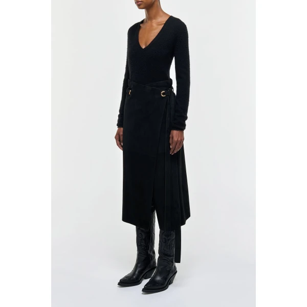 Gabriela Hearst Idalia Wrap Midi Skirt in Black Suede, view 4