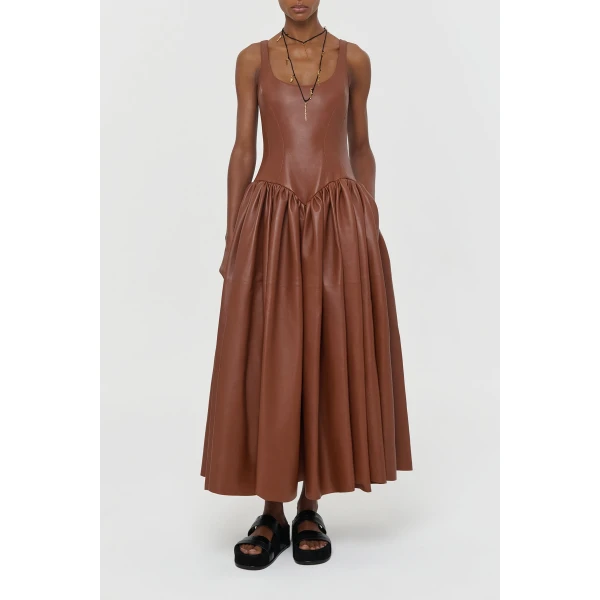 Gabriela Hearst Isai Maxi Dress In Cognac Nappa Leather, view 4