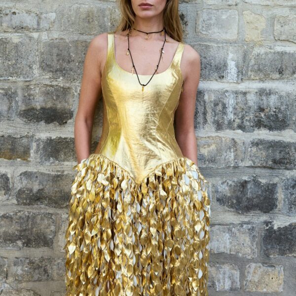 Gabriela Hearst Isai Maxi Dress in Metallic Gold Linen Twill, view 5