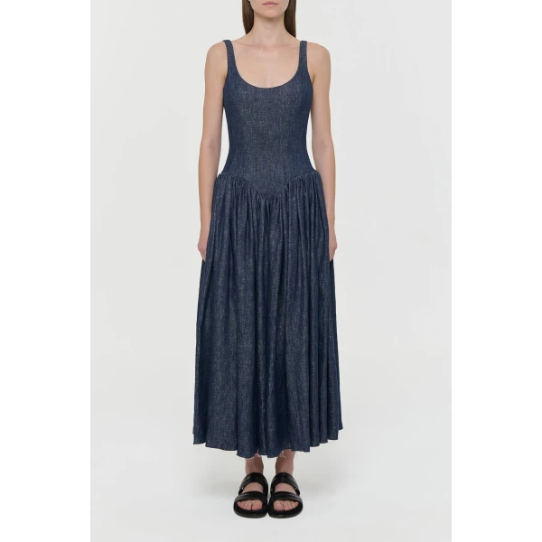 Gabriela Hearst Isai Maxi Dress in Stone Washed Linen Denim, view 3