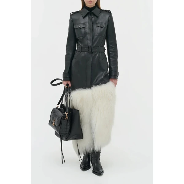 Gabriela Hearst Isak Trench Coat in Black Soft Leather & Ivory Cashmere Shearling, view 2