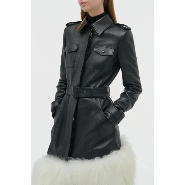 Gabriela Hearst Isak Trench Coat in Black Soft Leather & Ivory Cashmere Shearling, view 5