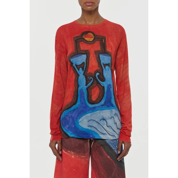 Gabriela Hearst Isaro Long Sleeve T-shirt in Air Multi Printed Cashmere Jersey Top, view 2