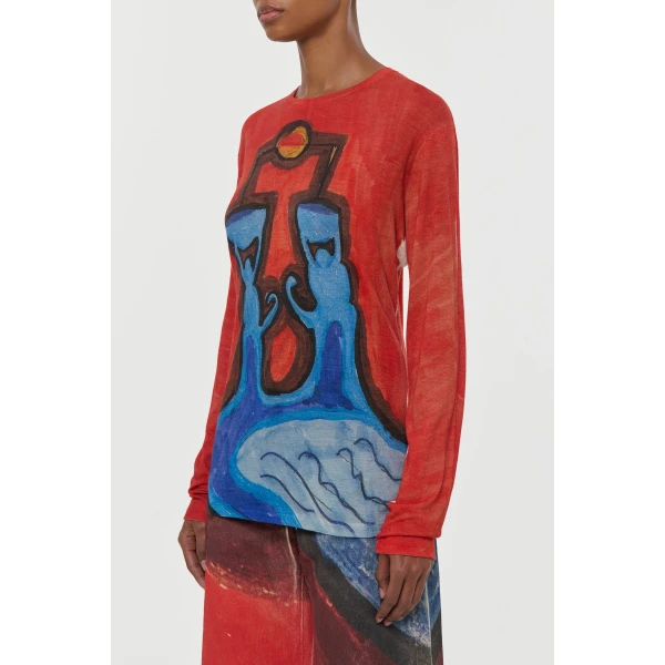 Gabriela Hearst Isaro Long Sleeve T-shirt in Air Multi Printed Cashmere Jersey Top, view 3