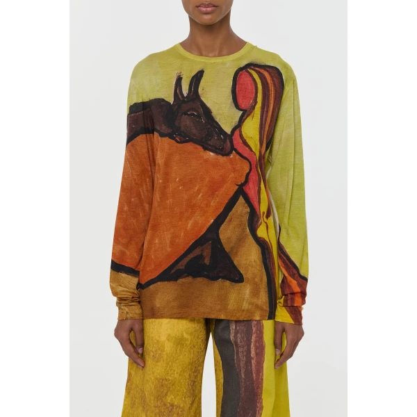 Gabriela Hearst Isaro Long Sleeve T-shirt in Earth Multi Printed Cashmere Jersey Top, view 2