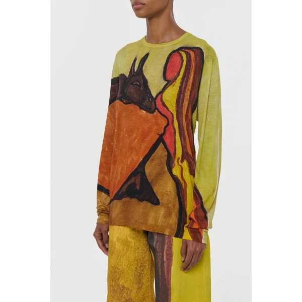 Gabriela Hearst Isaro Long Sleeve T-shirt in Earth Multi Printed Cashmere Jersey Top, view 3