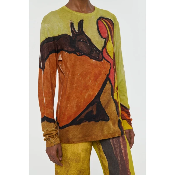 Gabriela Hearst Isaro Long Sleeve T-shirt in Earth Multi Printed Cashmere Jersey Top, view 5