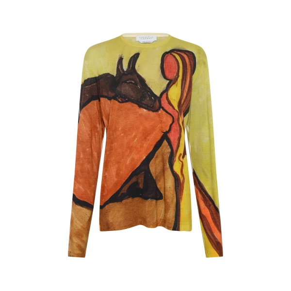 Gabriela Hearst Isaro Long Sleeve T-shirt in Earth Multi Printed Cashmere Jersey Top, view 6