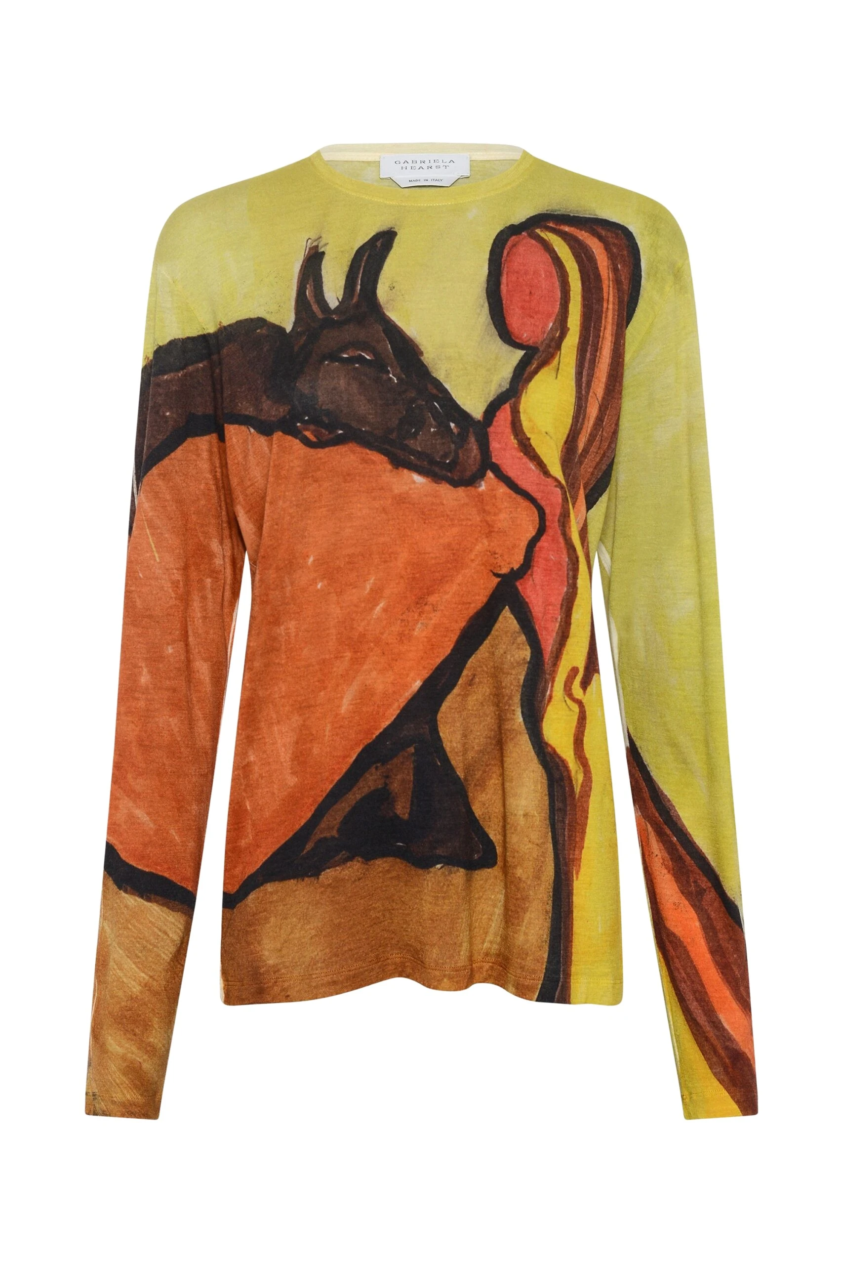 Gabriela Hearst Isaro Long Sleeve T-shirt in Earth Multi Printed Cashmere Jersey Top