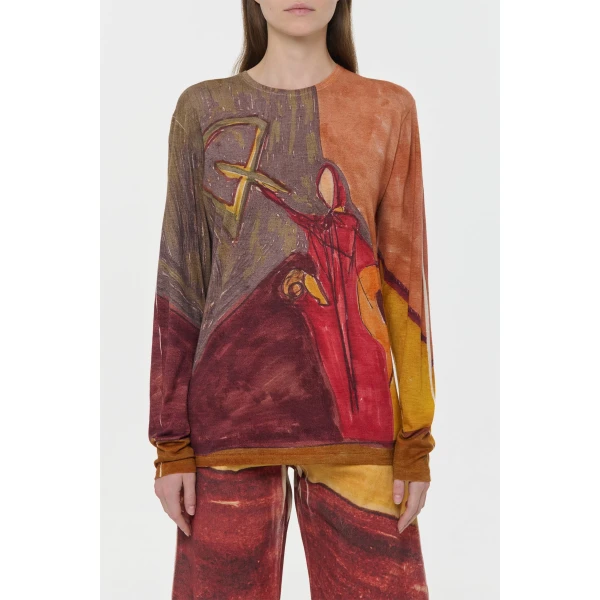 Gabriela Hearst Isaro Long Sleeve T-shirt in Fire Multi Printed Cashmere Jersey Top, view 2