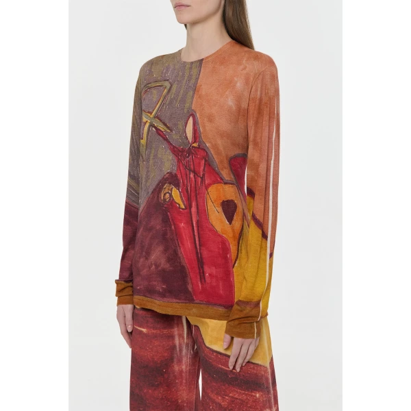 Gabriela Hearst Isaro Long Sleeve T-shirt in Fire Multi Printed Cashmere Jersey Top, view 3