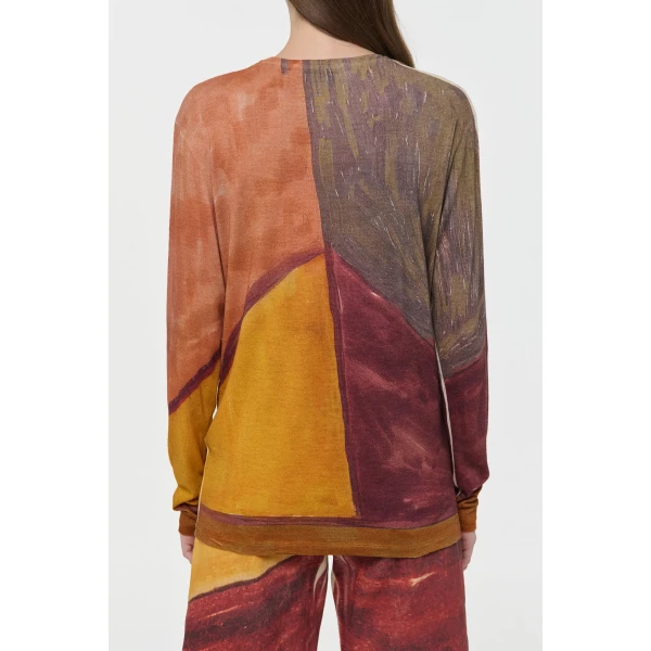 Gabriela Hearst Isaro Long Sleeve T-shirt in Fire Multi Printed Cashmere Jersey Top, view 4