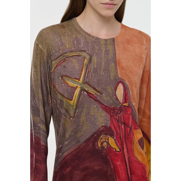 Gabriela Hearst Isaro Long Sleeve T-shirt in Fire Multi Printed Cashmere Jersey Top, view 5