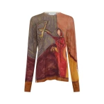 Gabriela Hearst Isaro Long Sleeve T-shirt in Fire Multi Printed Cashmere Jersey Top