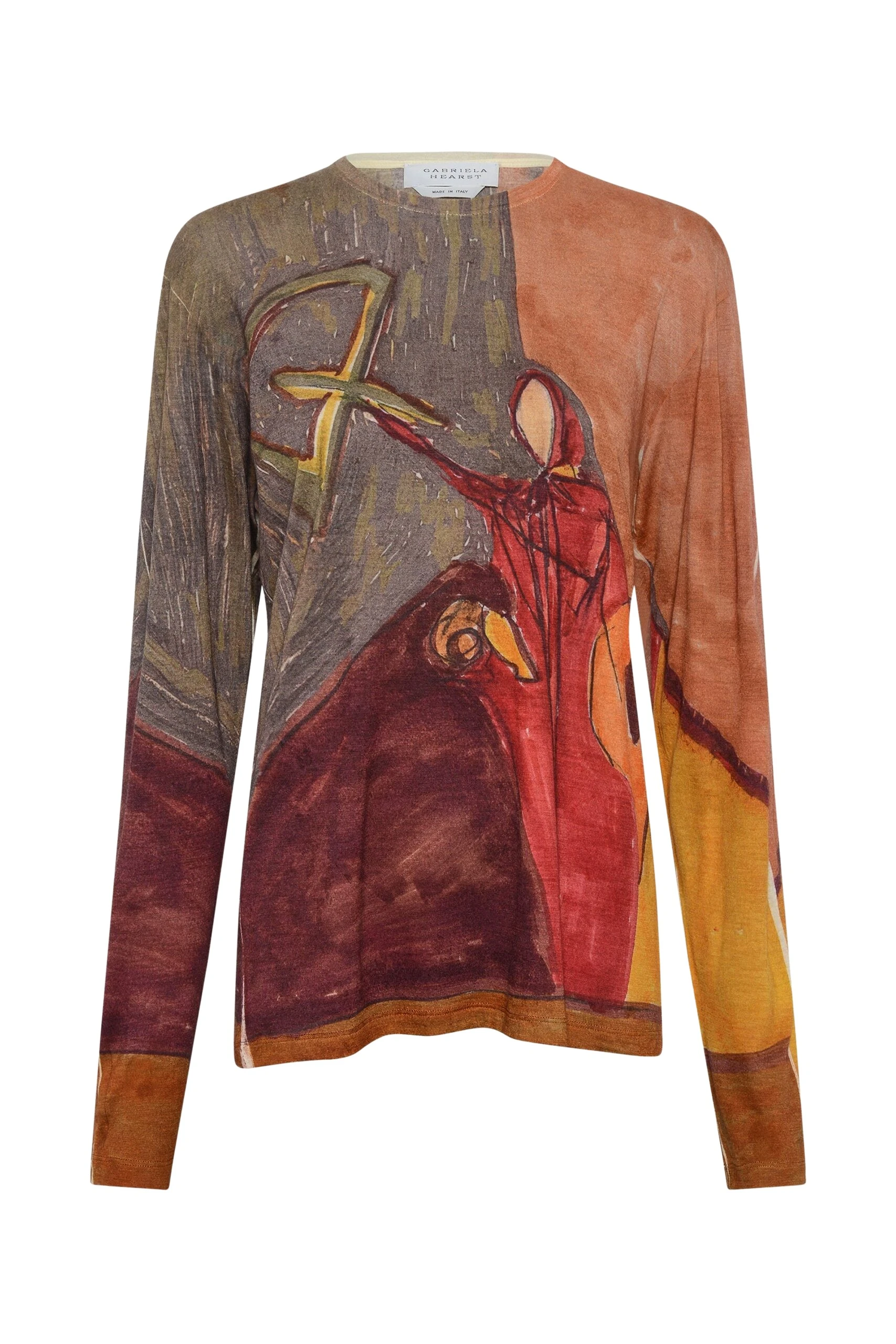 Gabriela Hearst Isaro Long Sleeve T-shirt in Fire Multi Printed Cashmere Jersey Top