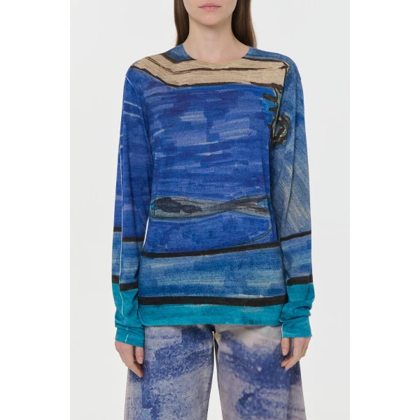 Gabriela Hearst Isaro Long Sleeve T-shirt in Water Multi Printed Cashmere Jersey Knit, view 2