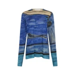 Gabriela Hearst Isaro Long Sleeve T-shirt in Water Multi Printed Cashmere Jersey Knit