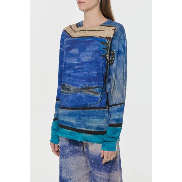 Gabriela Hearst Isaro Long Sleeve T-shirt in Water Multi Printed Cashmere Jersey Knit, view 3