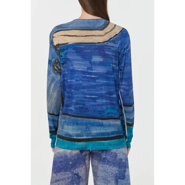 Gabriela Hearst Isaro Long Sleeve T-shirt in Water Multi Printed Cashmere Jersey Knit, view 4