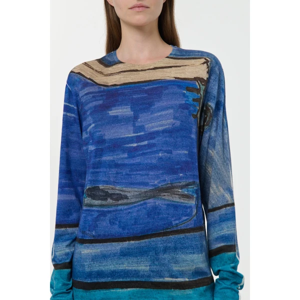 Gabriela Hearst Isaro Long Sleeve T-shirt in Water Multi Printed Cashmere Jersey Knit, view 5