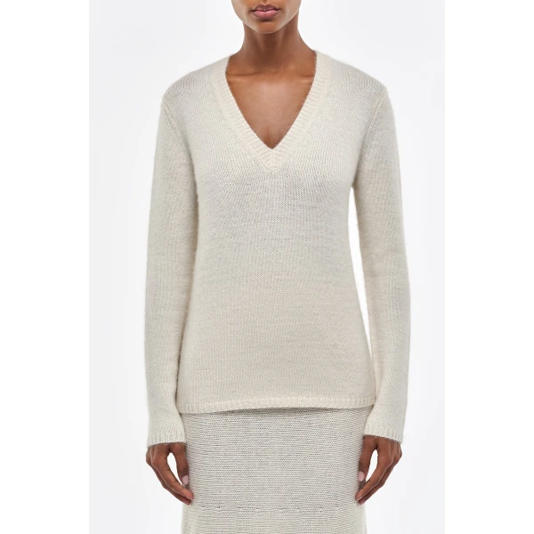 Gabriela Hearst Isiah Knit V-Neck Sweater in Ivory Cashmere, view 2