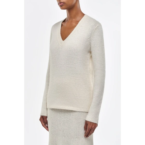 Gabriela Hearst Isiah Knit V-Neck Sweater in Ivory Cashmere, view 3