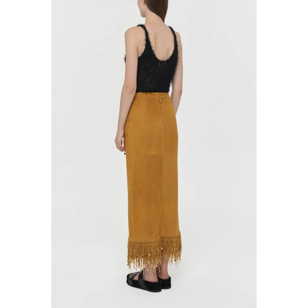 Gabriela Hearst Kalyan Fringe Maxi Skirt in Cashew Suede with Charms, view 5