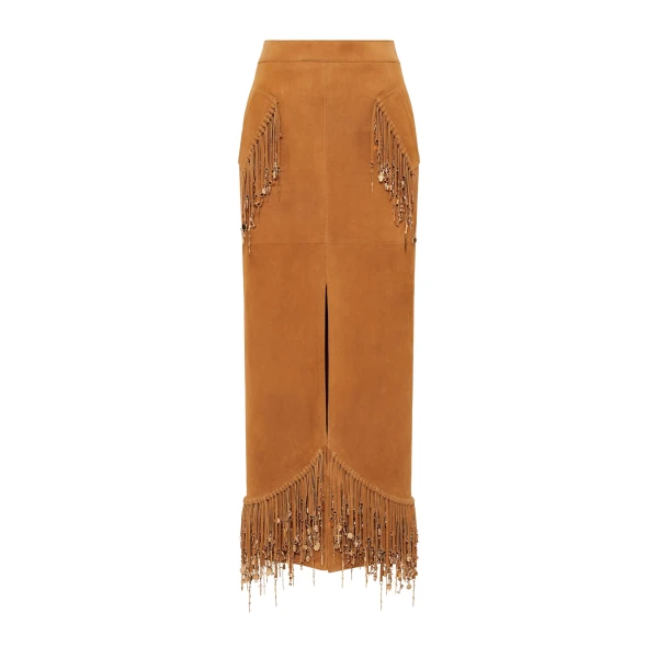 Gabriela Hearst Kalyan Fringe Maxi Skirt in Cashew Suede with Charms