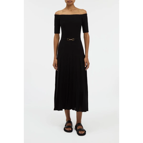 Gabriela Hearst Kurt Knit Pleated Maxi Dress in Black Merino Wool, view 2