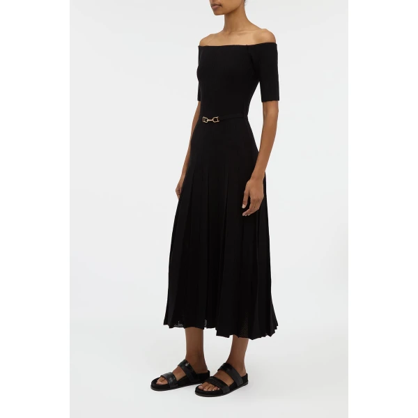 Gabriela Hearst Kurt Knit Pleated Maxi Dress in Black Merino Wool, view 3