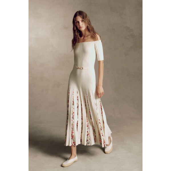 Gabriela Hearst Kurt Knit Pleated Maxi Dress in White Multi Merino Wool, view 2