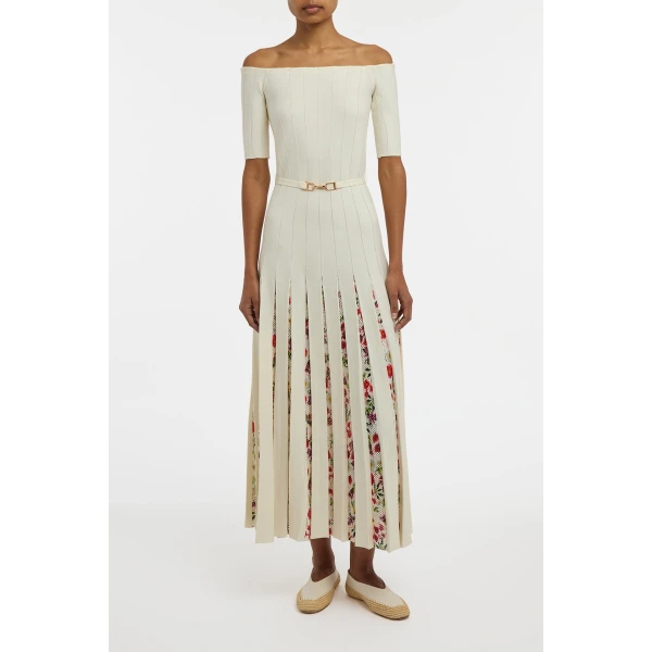 Gabriela Hearst Kurt Knit Pleated Maxi Dress in White Multi Merino Wool, view 3