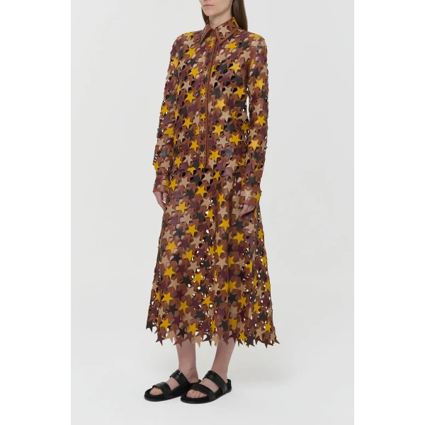 Gabriela Hearst Lirael Patchwork Stars Midi Skirt in Multi Nappa Leather, view 3